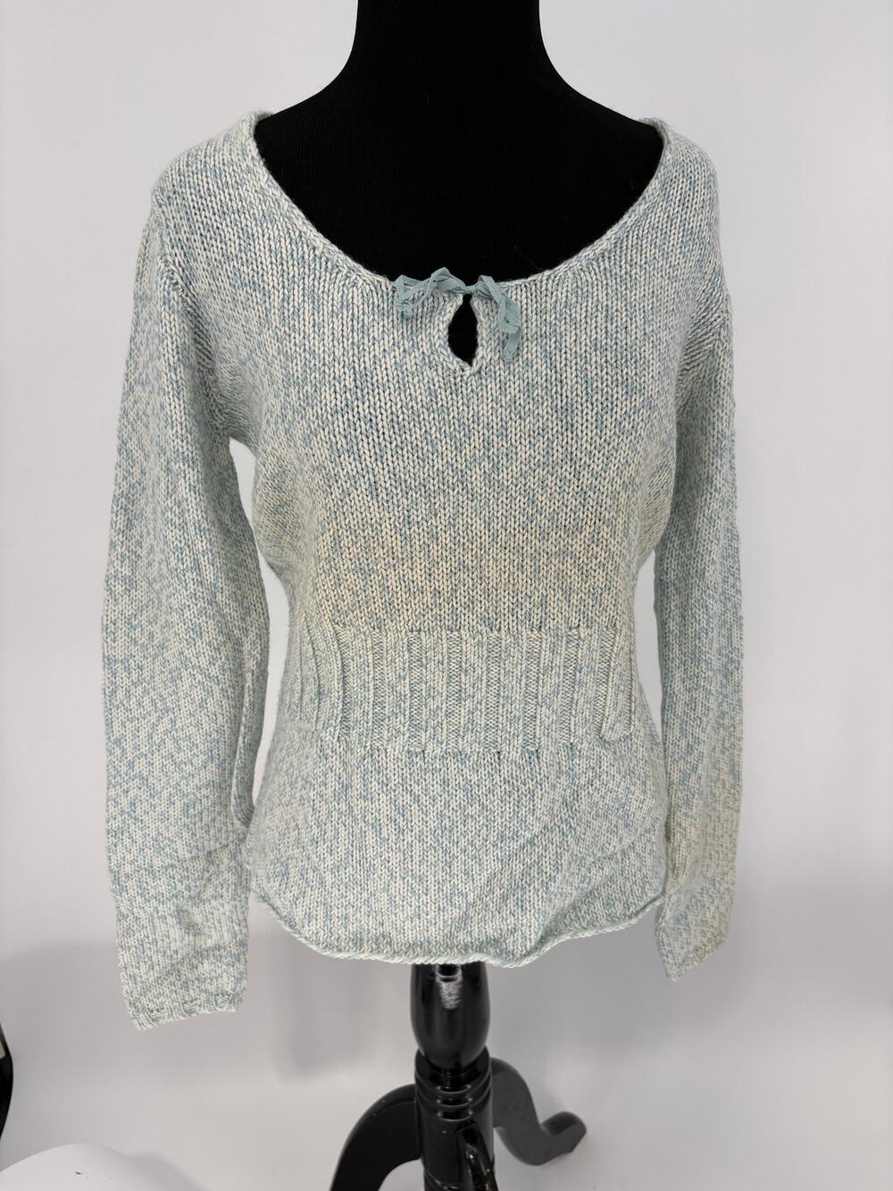 J.Crew women's 100% merino wool sweater blue white marled tie neck NEW